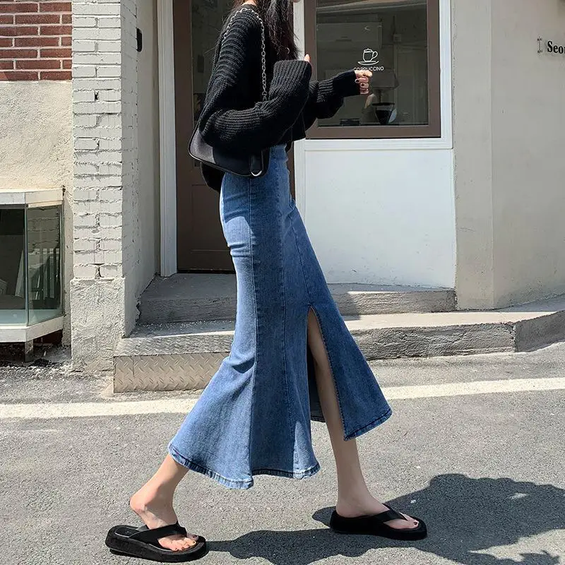 Denim Flare Skirt High Waist Elastic Hong Kong Style - Image 3