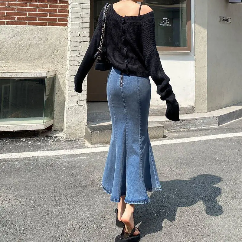 Denim Flare Skirt High Waist Elastic Hong Kong Style - Image 4