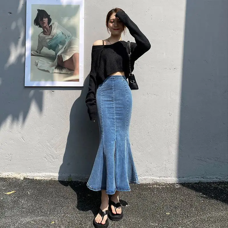 Denim Flare Skirt High Waist Elastic Hong Kong Style - Image 5