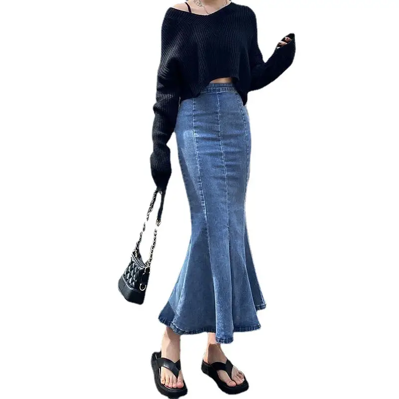 Denim Flare Skirt High Waist Elastic Hong Kong Style - Image 6