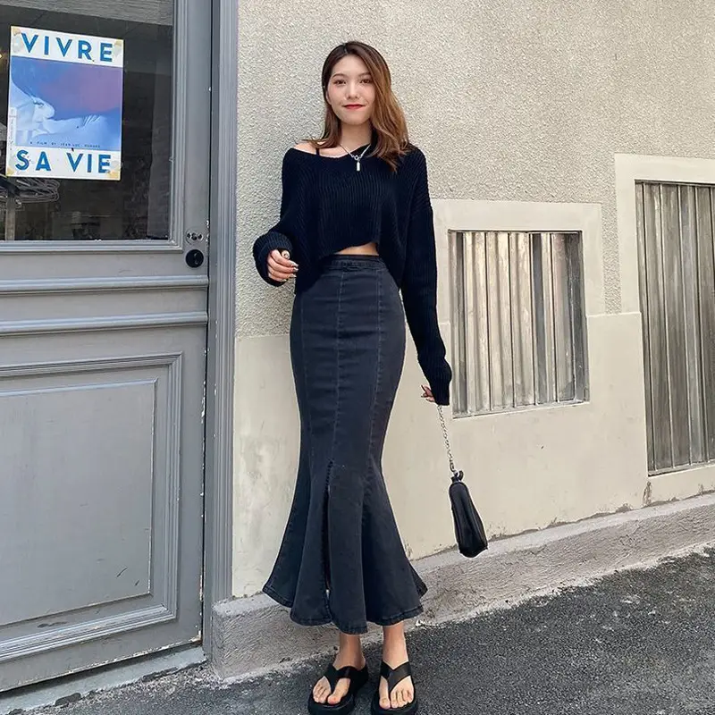 Denim Flare Skirt High Waist Elastic Hong Kong Style - Image 2