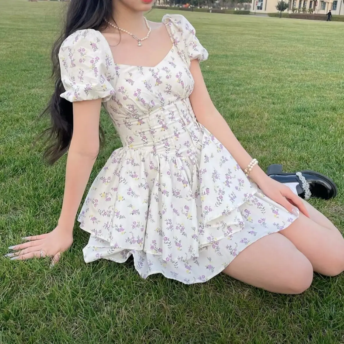 French Floral Off-Shoulder Dress Women 2025 Summer - Image 4