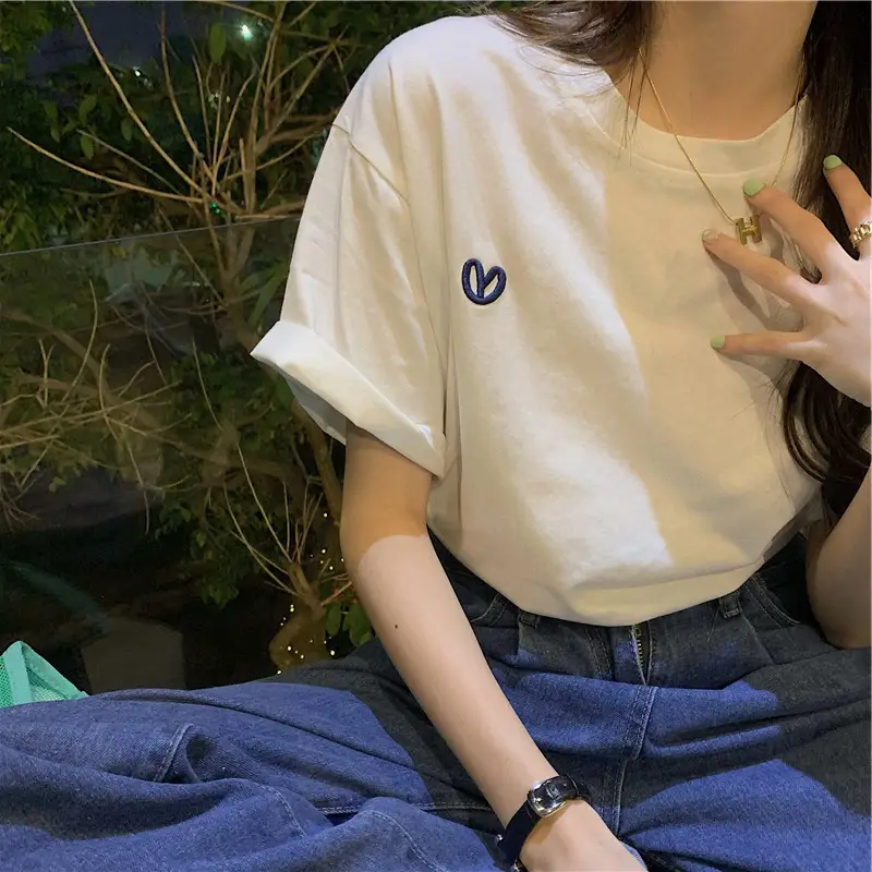 White Heart Embroidered Women's T-Shirt Short Sleeve — feature 34