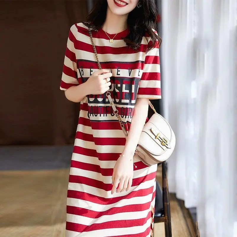 Women Striped Printed T-Shirt Dress Summer Loose Slimming Mid-Length