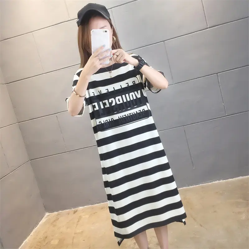 Women Striped Printed T-Shirt Dress Summer Loose Slimming Mid-Length