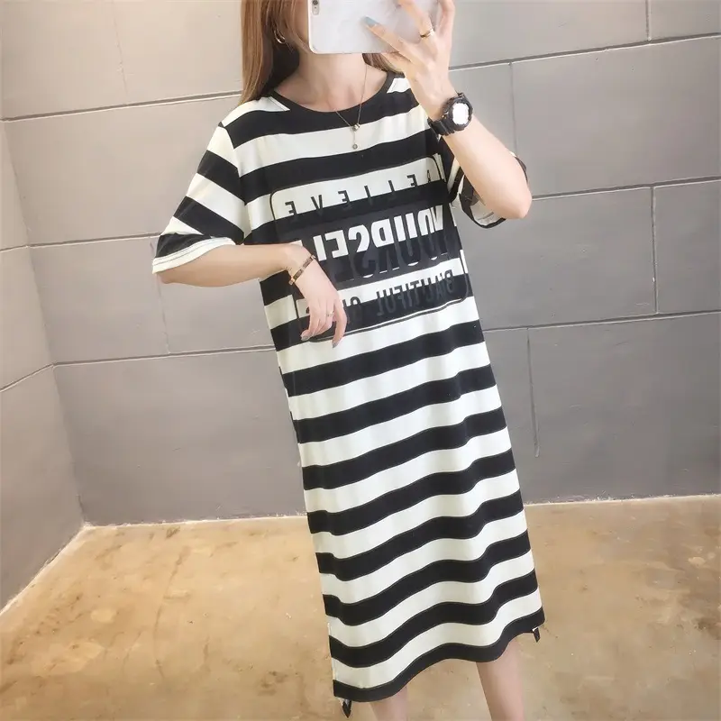 Women Striped Printed T-Shirt Dress Summer Loose Slimming Mid-Length — feature 13