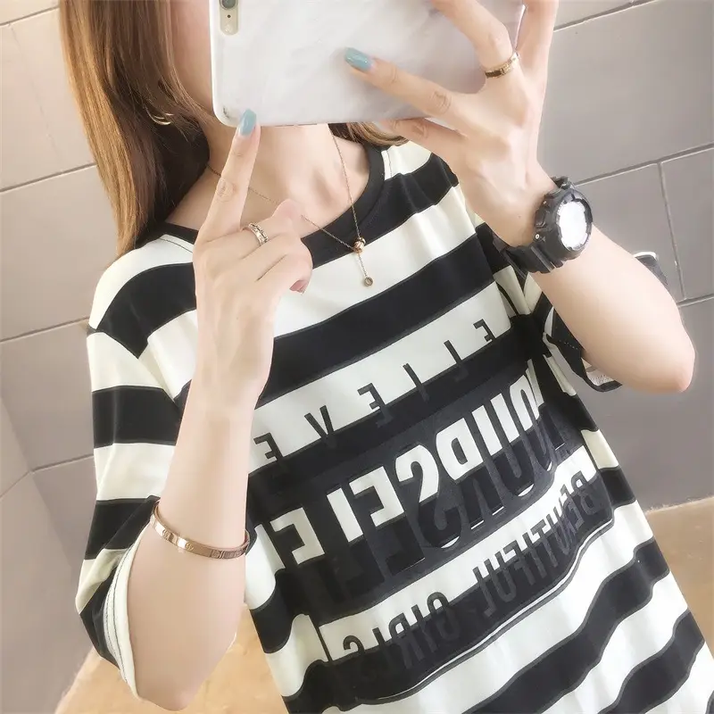 Women Striped Printed T-Shirt Dress Summer Loose Slimming Mid-Length — feature 7