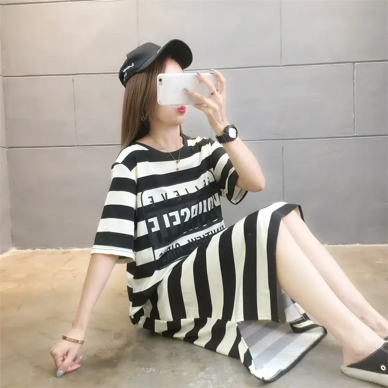 Women Striped Printed T-Shirt Dress Summer Loose Slimming Mid-Length — feature 8