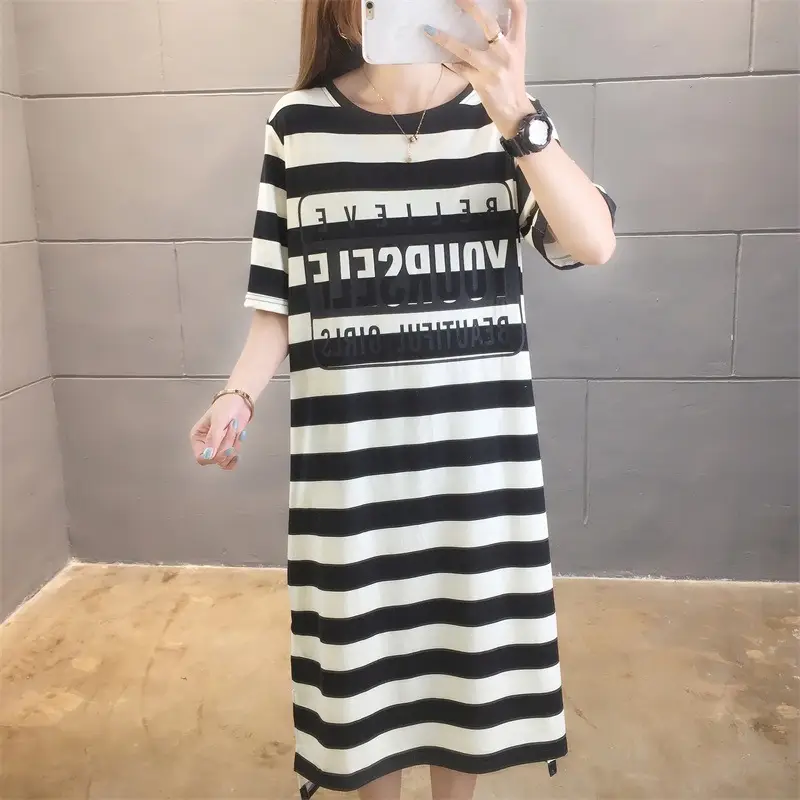 Women Striped Printed T-Shirt Dress Summer Loose Slimming Mid-Length — feature 9