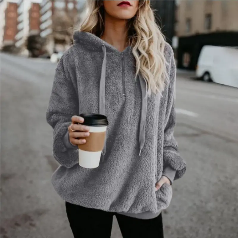 Women Brown Fleece Hoodie with Drawstring Cap