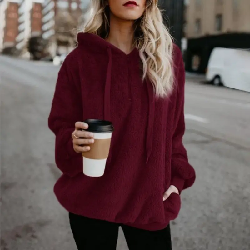 Women Brown Fleece Hoodie with Drawstring Cap