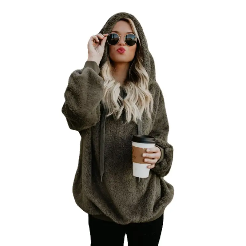 Women Brown Fleece Hoodie with Drawstring Cap