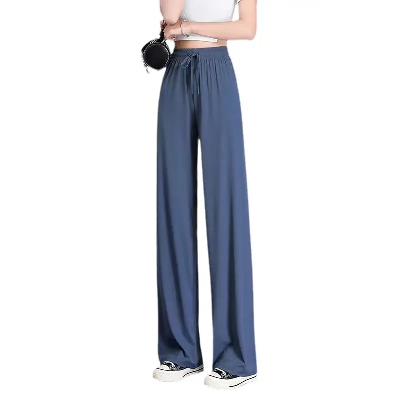Women Wide Leg Ice Silk Trouser Summer Blue - Image 17