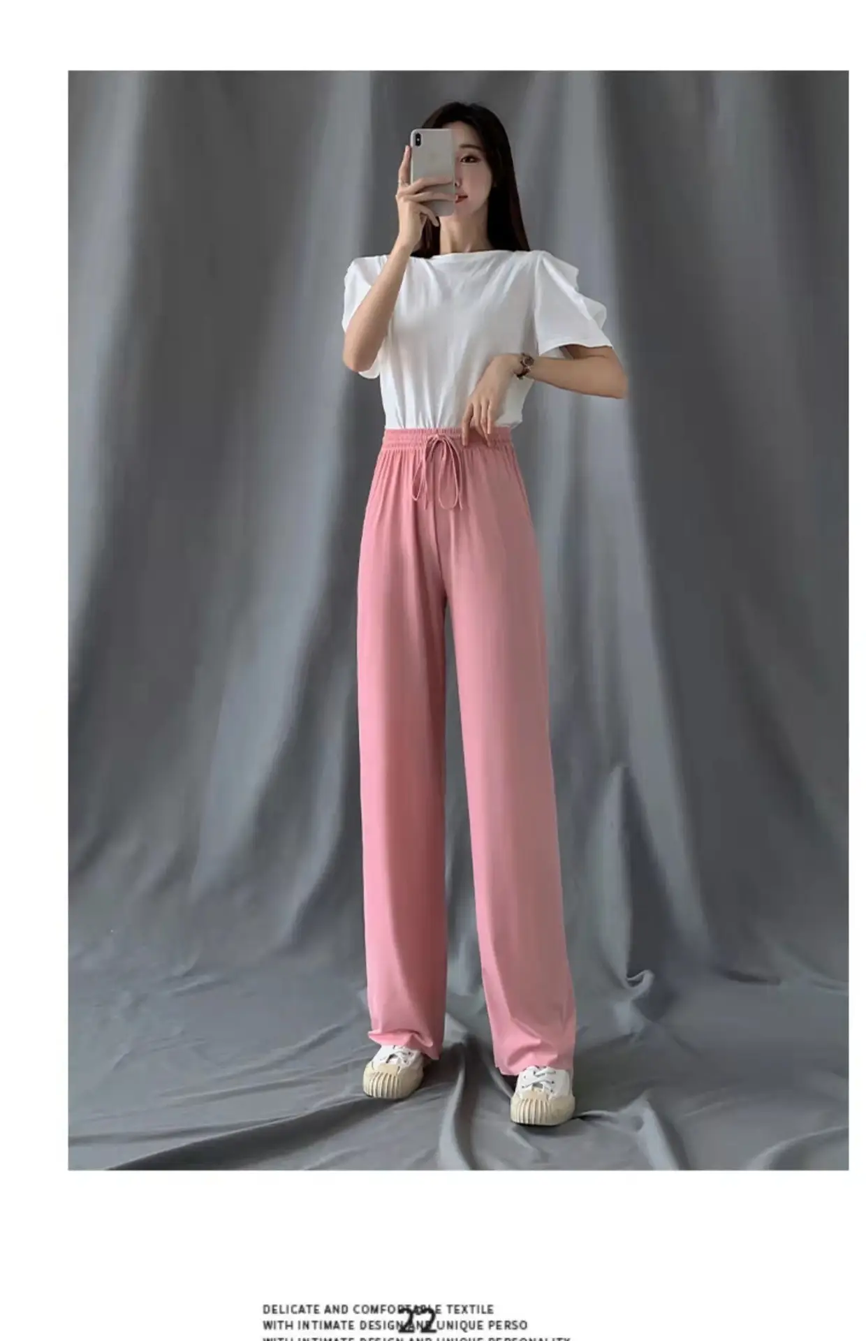 Women Wide Leg Ice Silk Trouser Summer Blue — feature 13