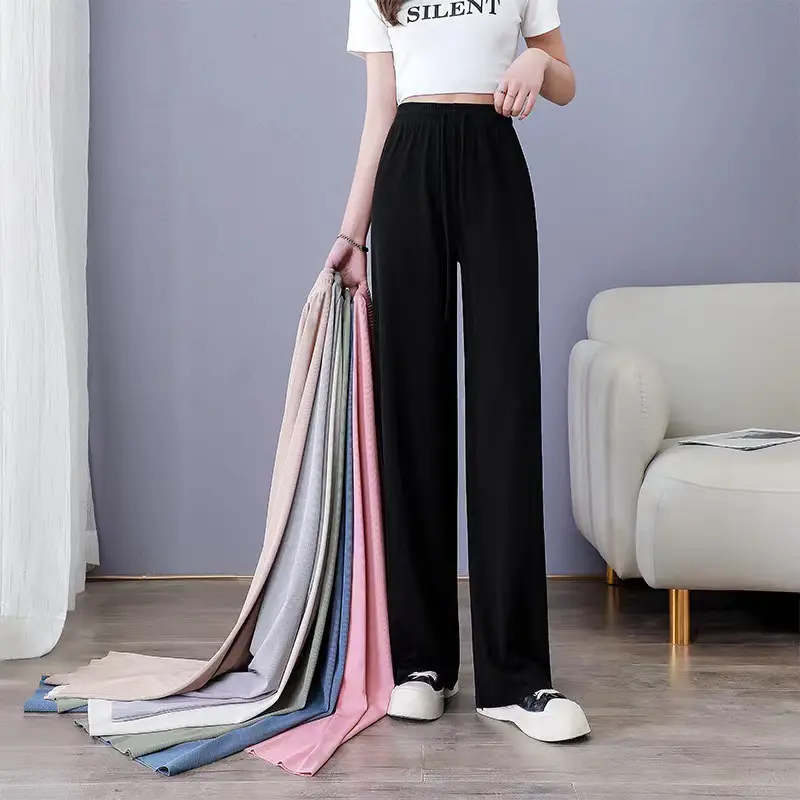 Women Wide Leg Ice Silk Trouser Summer Blue — feature 3
