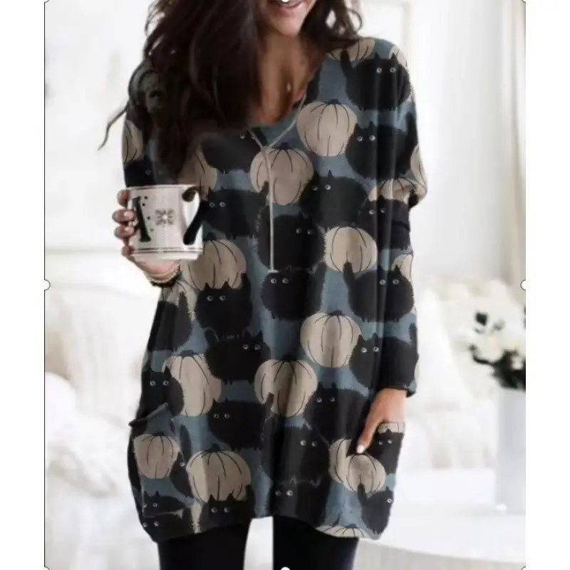 Cat Print Long Sleeve Dress Orange White Halloween Wear - Image 5