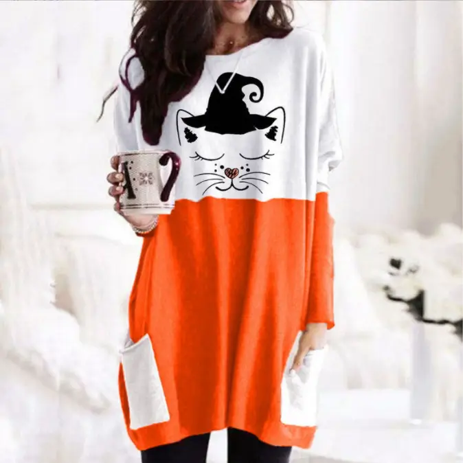 Cat Print Long Sleeve Dress Orange White Halloween Wear - Image 2
