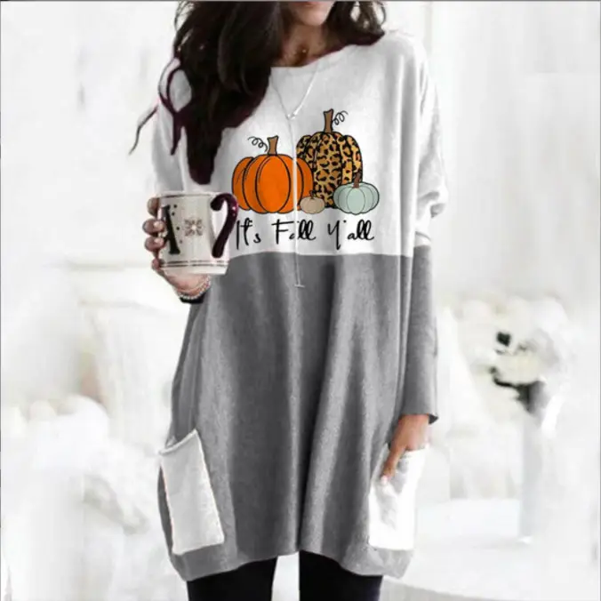 Cat Print Long Sleeve Dress Orange White Halloween Wear - Image 6