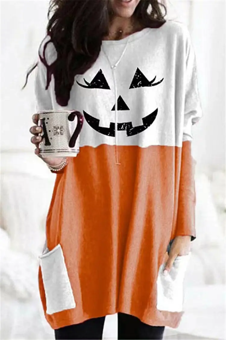 Cat Print Long Sleeve Dress Orange White Halloween Wear - Image 7