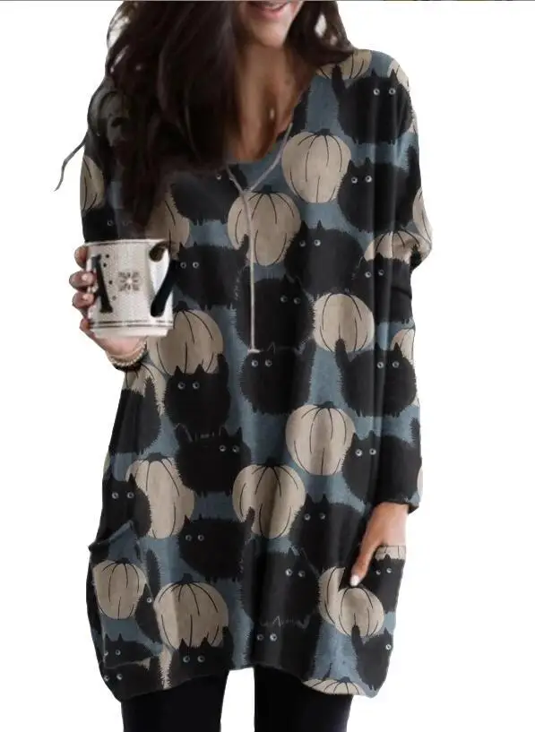 Cat Print Long Sleeve Dress Orange White Halloween Wear - Image 3
