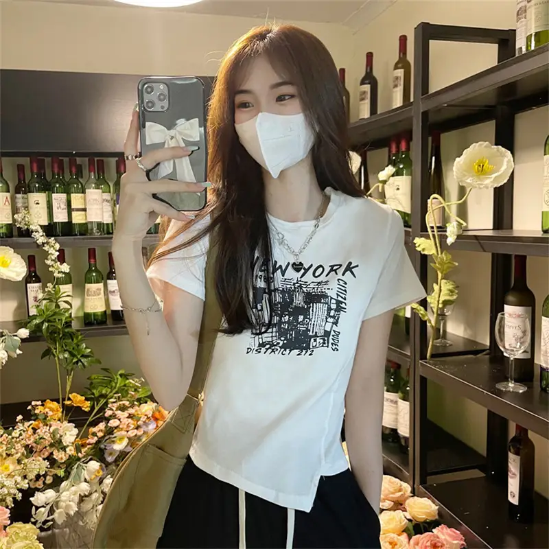 Women Grey Graphic T-Shirt Short Sleeve Summer 2025