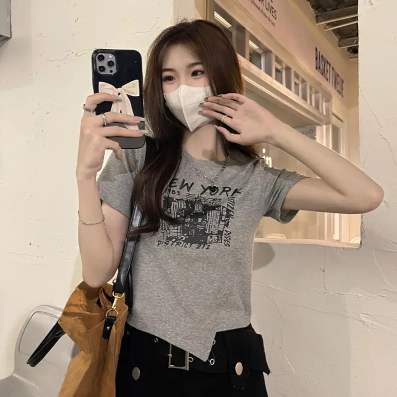 Women Grey Graphic T-Shirt Short Sleeve Summer 2025