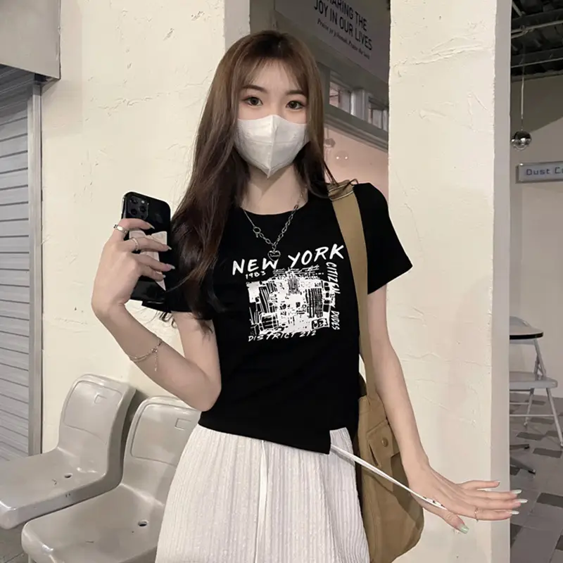 Women Grey Graphic T-Shirt Short Sleeve Summer 2025