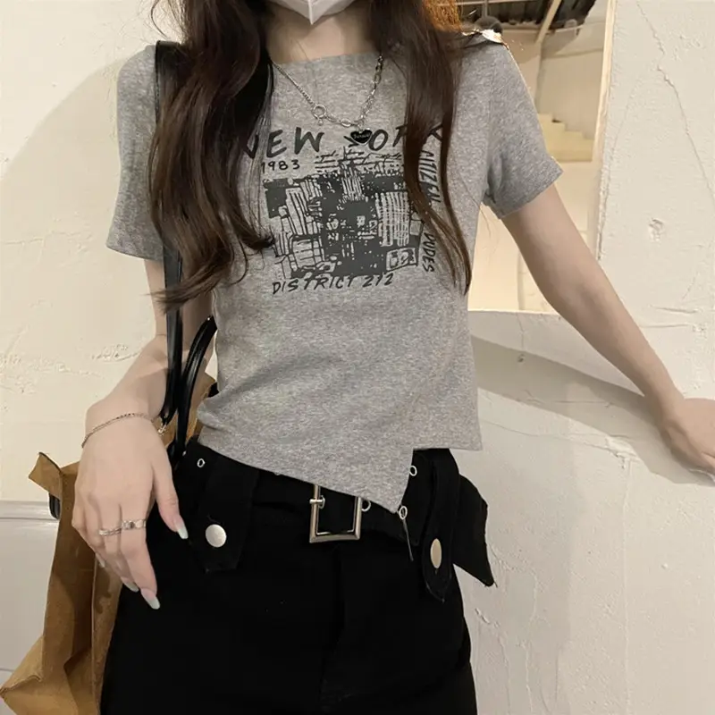 Women Grey Graphic T-Shirt Short Sleeve Summer 2025