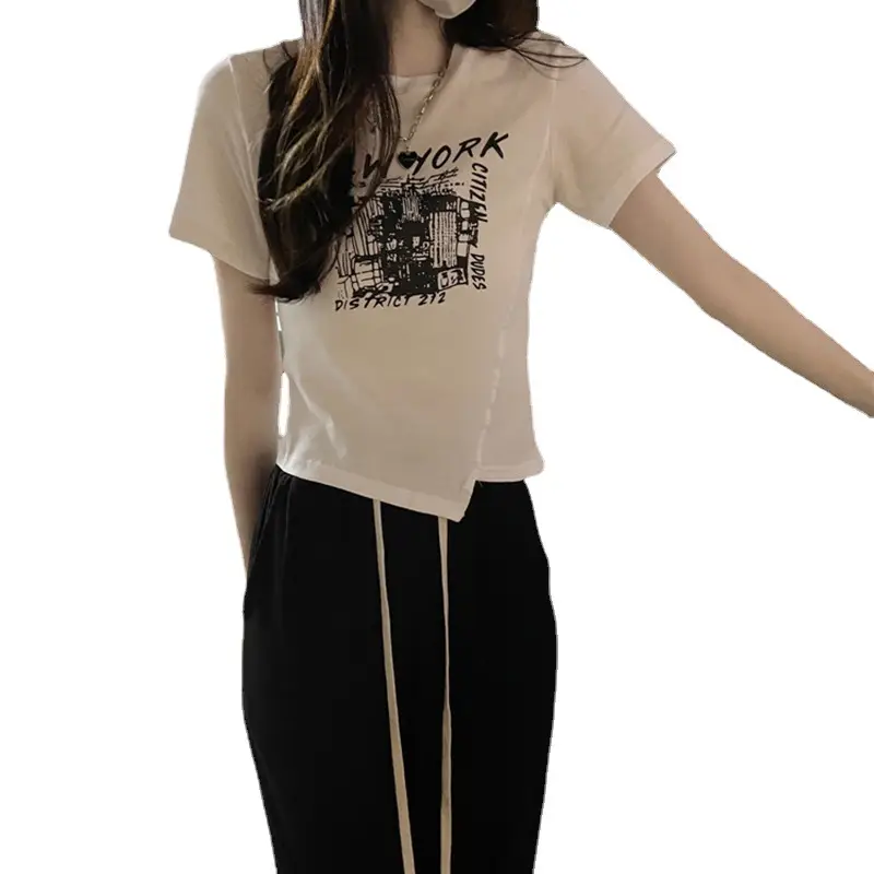 Women Grey Graphic T-Shirt Short Sleeve Summer 2025