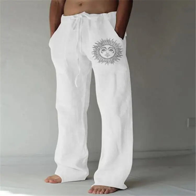 Men's White Drawstring Elastic Loose Pants Casual Wear