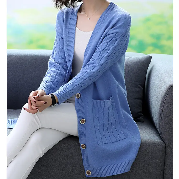 Women's Blue Knitted Mid-Length Cardigan Sweater Large