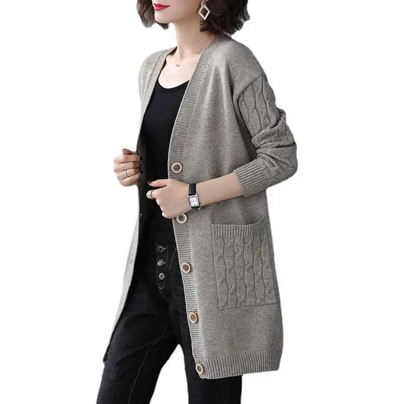 Women's Blue Knitted Mid-Length Cardigan Sweater Large