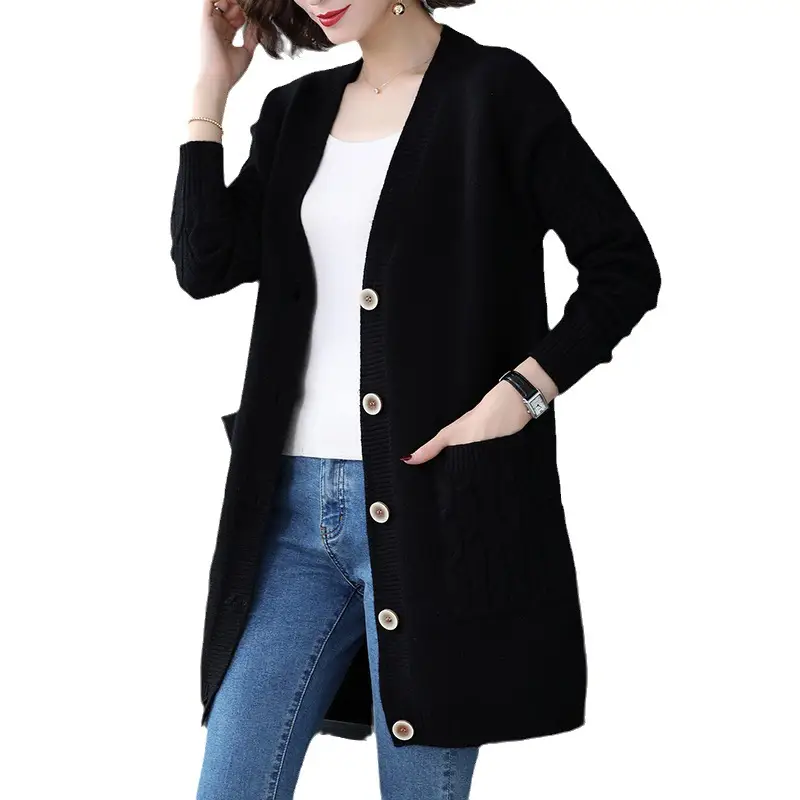 Women's Blue Knitted Mid-Length Cardigan Sweater Large