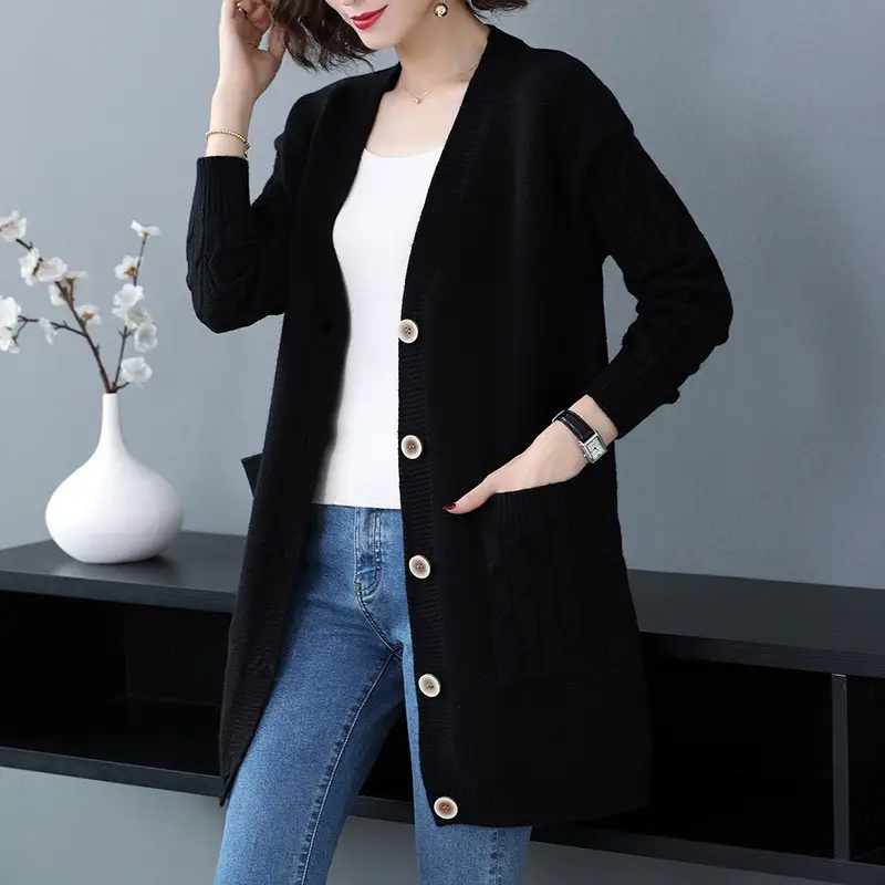 Women's Blue Knitted Mid-Length Cardigan Sweater Large — feature 2