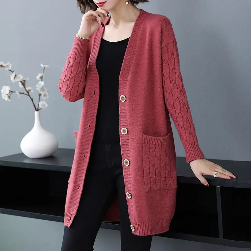 Women's Blue Knitted Mid-Length Cardigan Sweater Large — feature 3