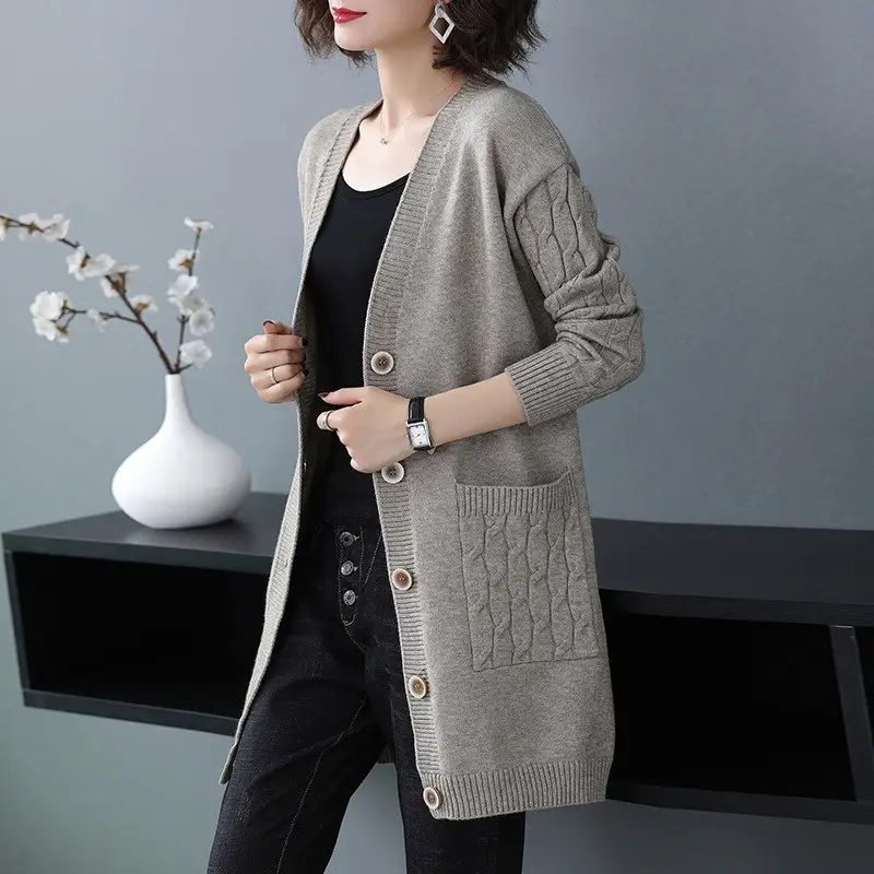 Women's Blue Knitted Mid-Length Cardigan Sweater Large — feature 5