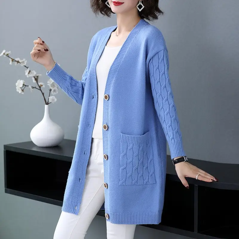 Women's Blue Knitted Mid-Length Cardigan Sweater Large — feature 6