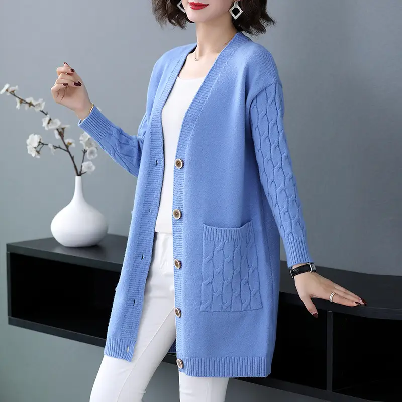 Women's Blue Knitted Mid-Length Cardigan Sweater Large