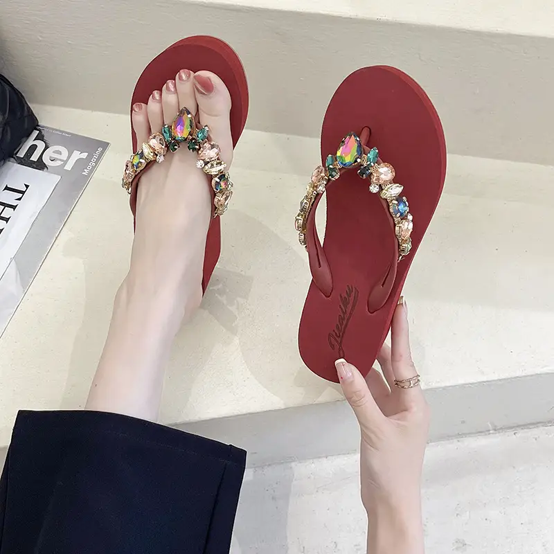 Women's Glass Heart Rhinestone Flip Flops Summer