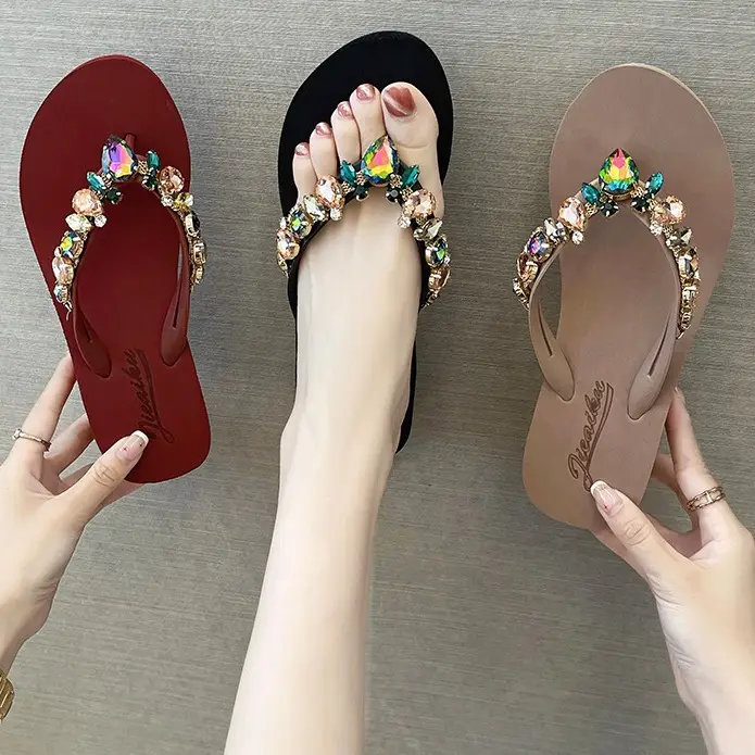Women's Glass Heart Rhinestone Flip Flops Summer