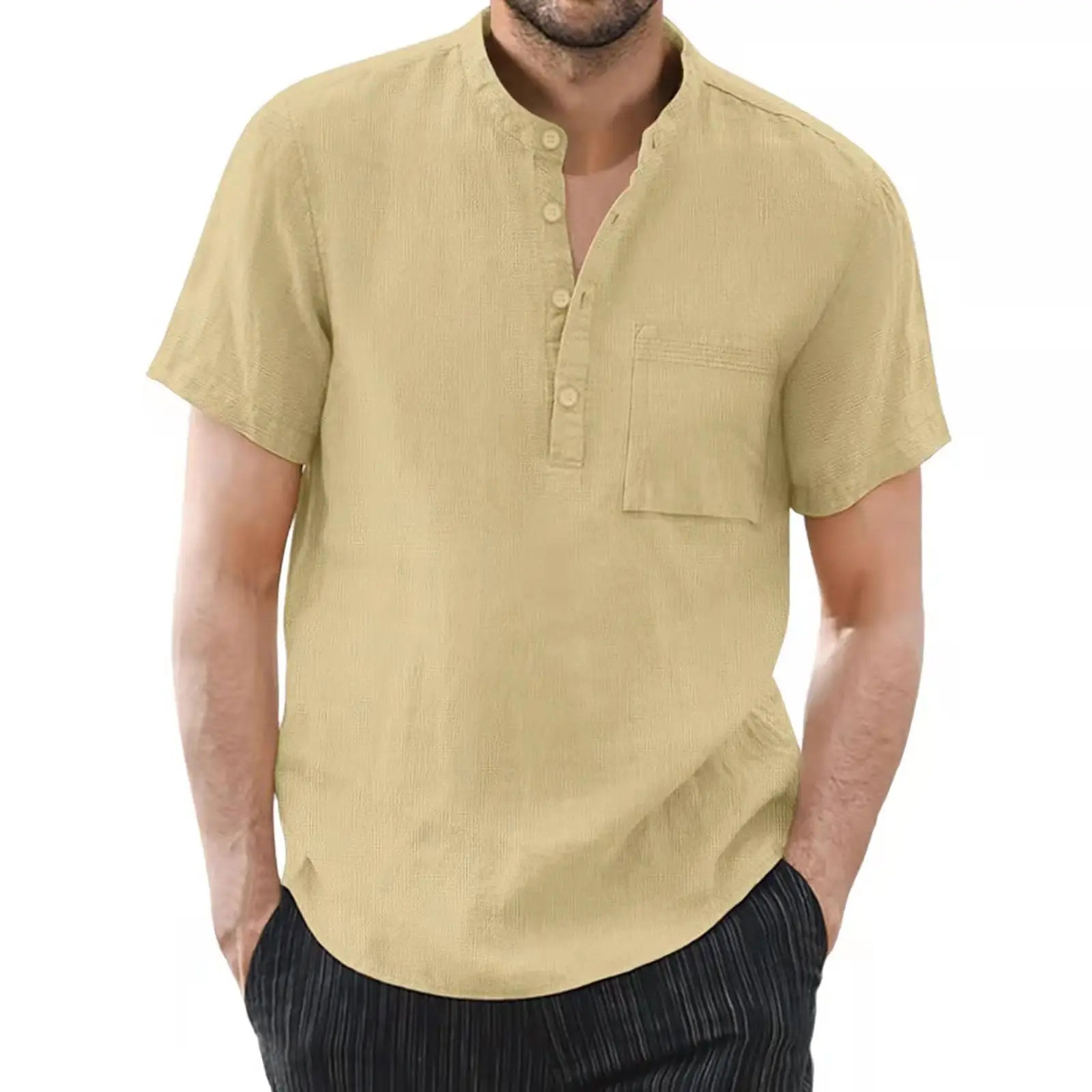 Men's Black Cotton Linen Short Sleeve Shirt with Stand-Up Collar - Image 8