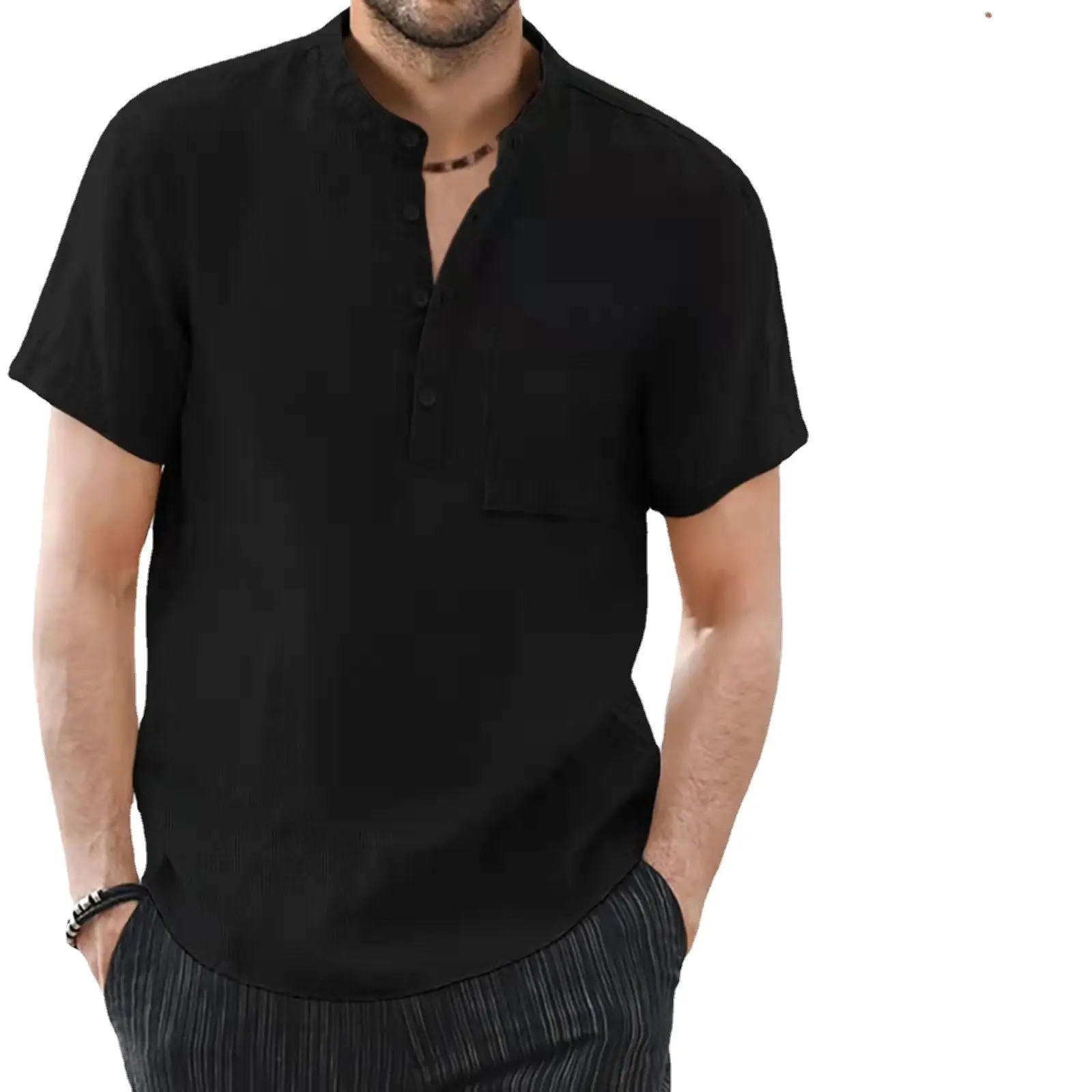 Men's Black Cotton Linen Short Sleeve Shirt with Stand-Up Collar - Image 11