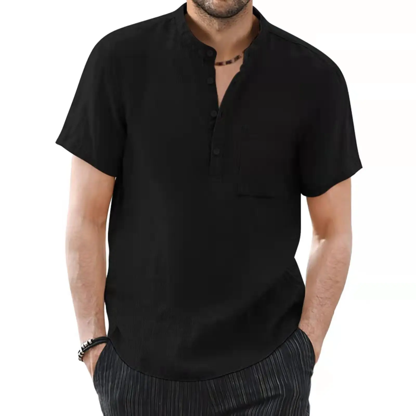 Men's Black Cotton Linen Short Sleeve Shirt with Stand-Up Collar - Image 2