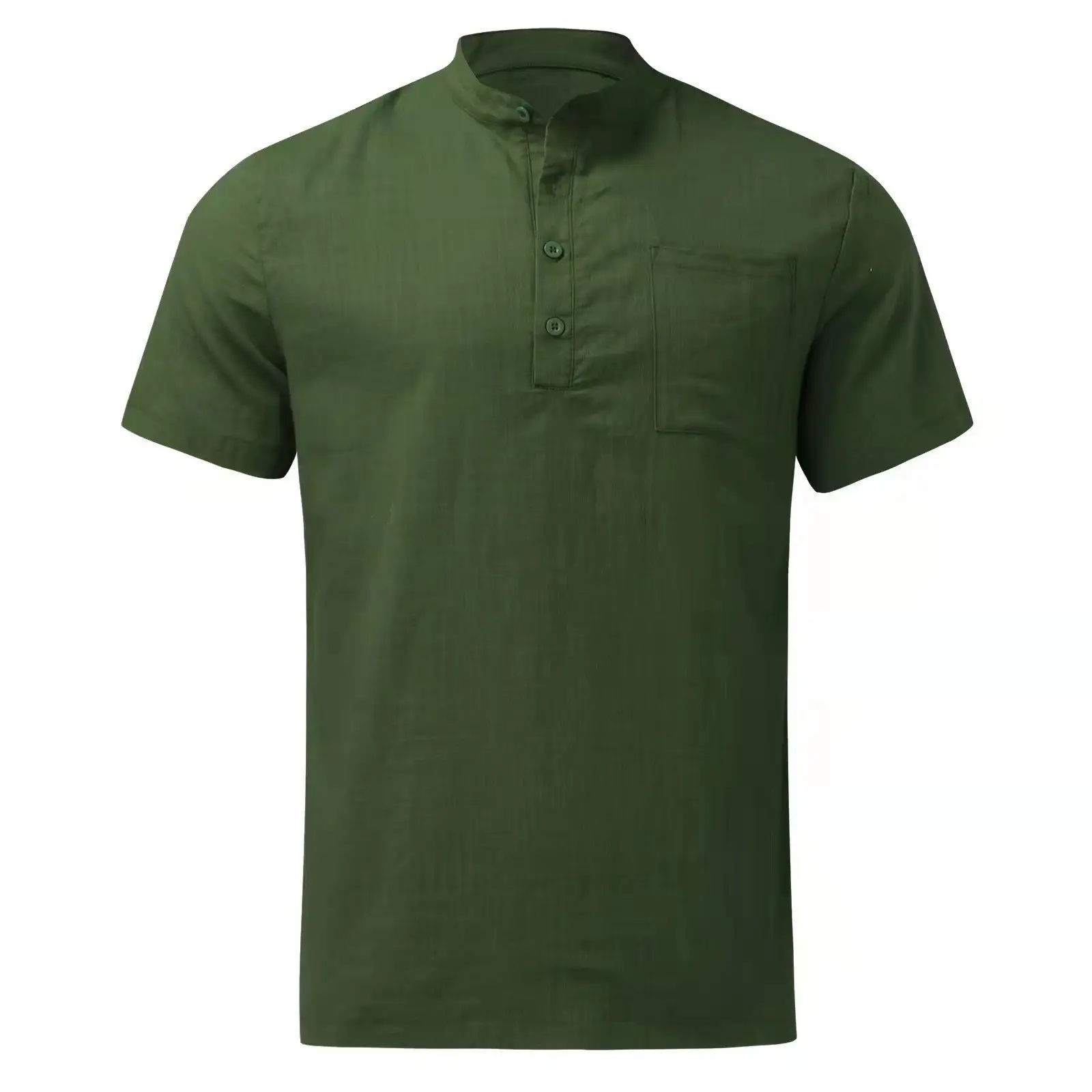 Men's Black Cotton Linen Short Sleeve Shirt with Stand-Up Collar - Image 5