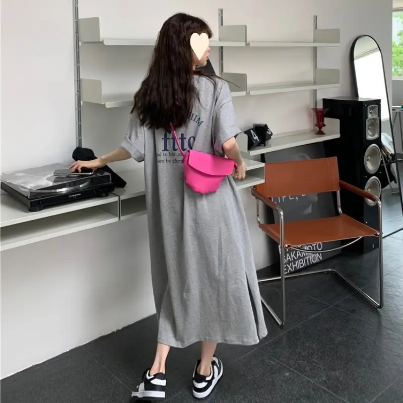 Women Korean Style Split Over Knee Dress Grey - Image 15