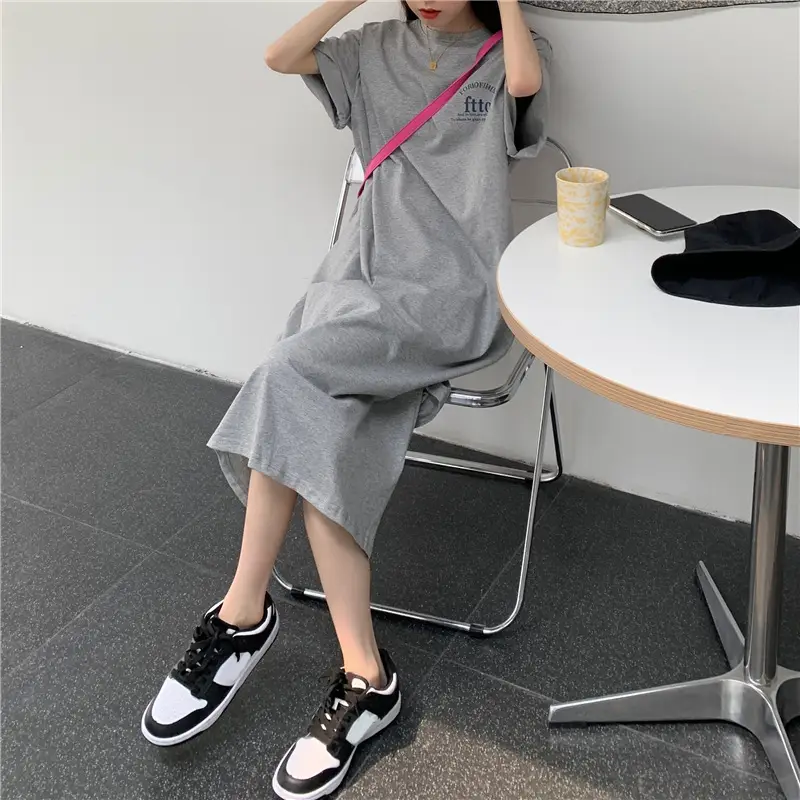 Women Korean Style Split Over Knee Dress Grey — feature 13