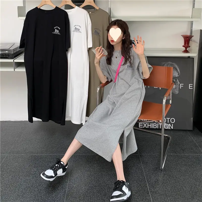 Women Korean Style Split Over Knee Dress Grey — feature 4