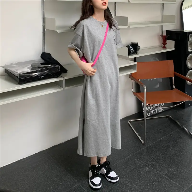 Women Korean Style Split Over Knee Dress Grey — feature 5