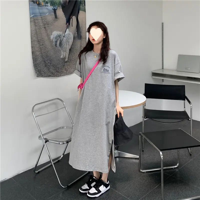 Women Korean Style Split Over Knee Dress Grey — feature 8