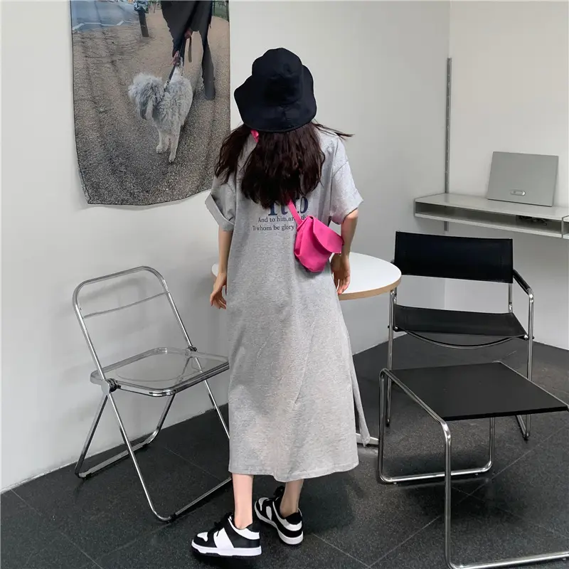Women Korean Style Split Over Knee Dress Grey — feature 9